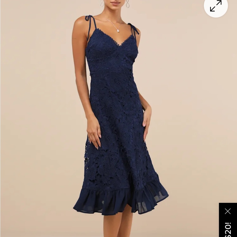 NWT Lulu’s Compelling Sweetness Navy Blue Lace Tie-Strap Midi Dress